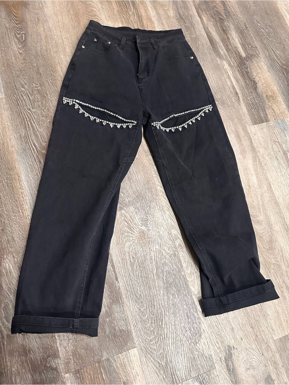 Black Women's Straight-Leg Jeans with Rhinestone Trim